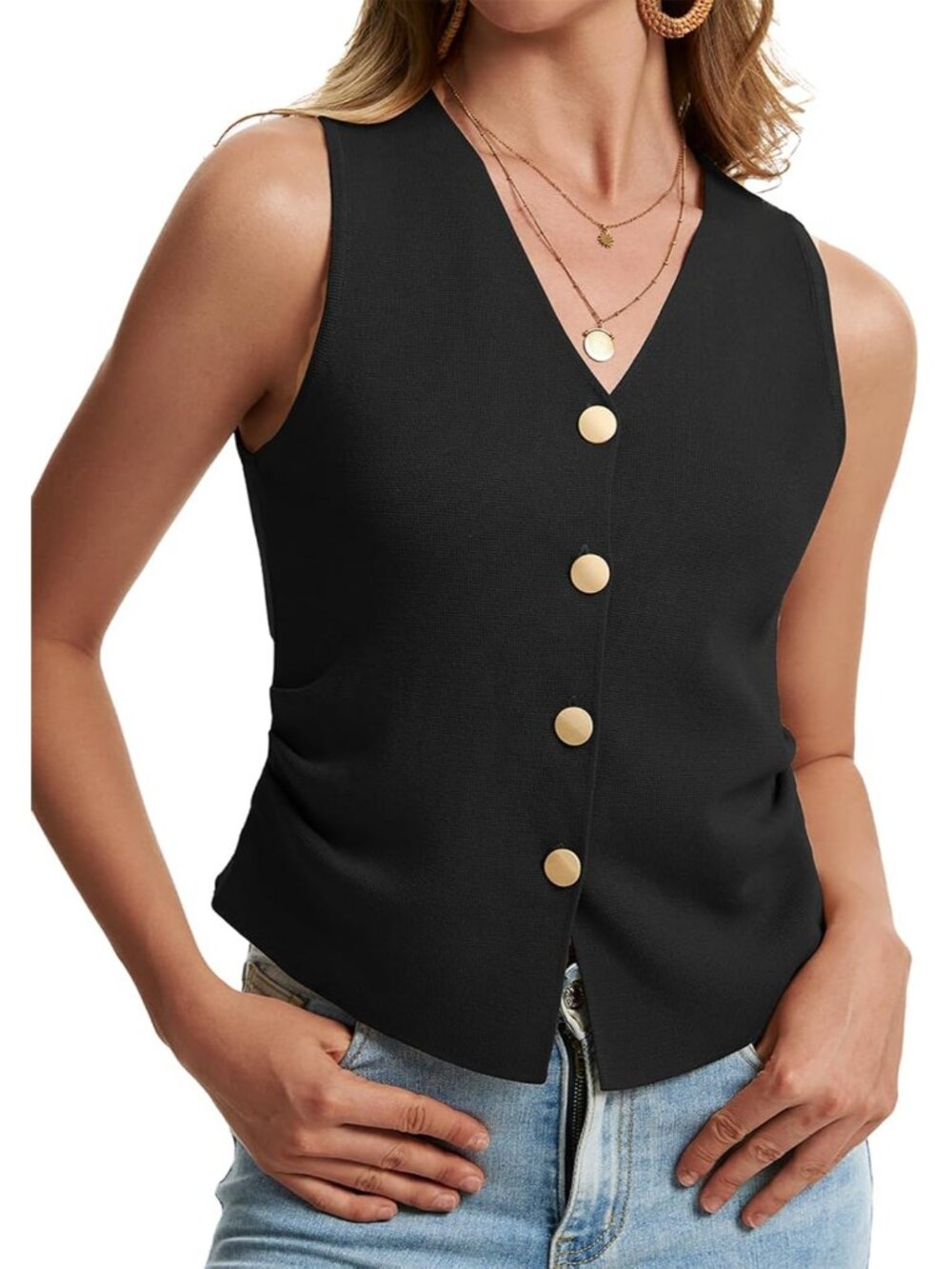 Women's Black Sleeveless Button Up Knit Imported Casual Sweater Vest Tank Tops - Picture 2 of 5